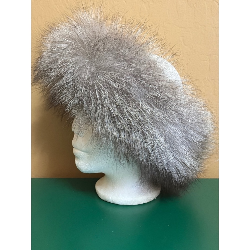 M. Miller Silver Grey Real Fox Fur Headband Ski Ear Warmer Muff Velvet Lined